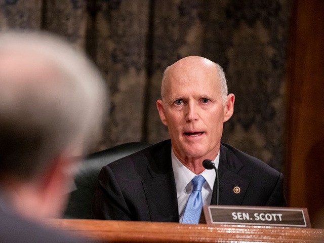 WASHINGTON, DC - DECEMBER 18: Sen. Rick Scott (R-FL) questions Department of Justice Inspector General Michael Horowitz during a Senate Committee On Homeland Security And Governmental Affairs hearing at the US Capitol on December 18, 2019 in Washington, DC. Last week the Inspector General released a report on the origins …