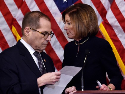 US Speaker of the House Nancy Pelosi (R) and House Judiciary Chairman Jerry Nadler walk aw