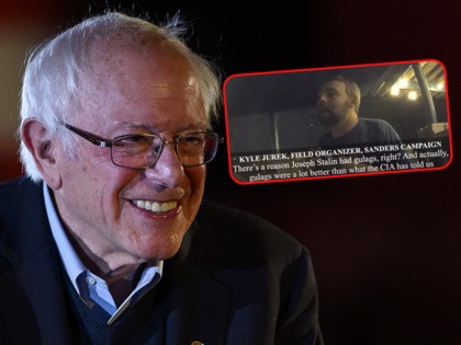 (INSET: Project Veritas screenshot of Sanders field organizer Kyle Jurek) DES MOINES, IA - DECEMBER 31: Democratic presidential candidate Sen. Bernie Sanders (I-VT) leaves the stage after speaking at a New Year's Eve campaign event on December 31, 2019 in Des Moines, Iowa. The focus of many democratic presidential campaigns …