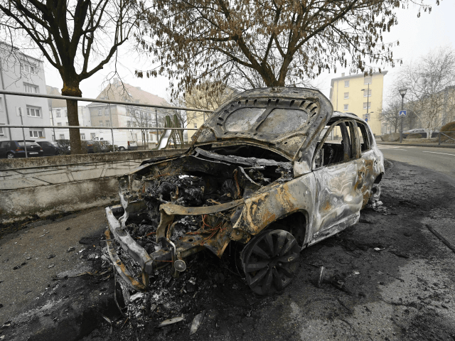 A picture taken on January 1, 2020 shows a burnt out car after the New Year's eve in Strabourg's Neuhof suburb, eastern France. (Photo by FREDERICK FLORIN / AFP) (Photo by FREDERICK FLORIN/AFP via Getty Images)