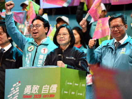Taiwan's current president and Democratic Progressive Party presidential candidate, Tsai Ing-wen, speaks during a rally ahead of Saturdays presidential election on January 8, 2020 in Taoyuan, Taiwan. Taiwan will go to the polls on Saturday after a campaign in which fake news and the looming shadow of China and its …
