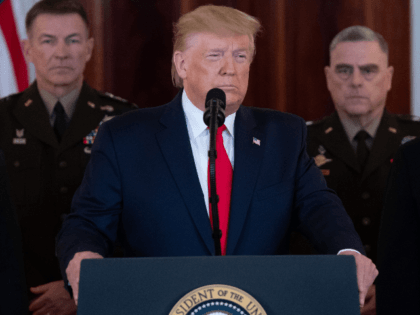 US President Donald Trump speaks about the situation with Iran in the Grand Foyer of the White House in Washington, DC, January 8, 2020. - US President Donald Trump said Wednesday Iran appeared to be "standing down" after missile strikes on US troop bases in Iraq that resulted in no …