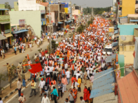 Hindu activists take part in a demonstration against a large planned statue of Jesus Christ in Ramanagar in India's southern Karnataka state on January 13, 2020. - Hundreds of Hindu activists affiliated to India's ruling party rallied on January 13 to protest a planned Jesus statue that will rival Rio …