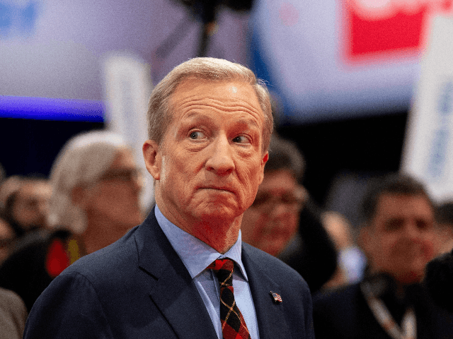 Democratic presidential hopeful billionaire and philanthropist Tom Steyer speaks with the media at the spin room following the seventh Democratic primary debate of the 2020 presidential campaign season co-hosted by CNN and the Des Moines Register at the Drake University campus in Des Moines, Iowa on January 14, 2020. (Photo …