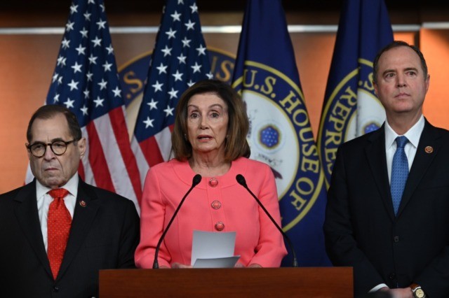 Speaker of the House Nancy Pelosi (D-CA) announces impeachment managers for the articles of impeachment against US President Donald Trump on Capitol Hill January 15, 2020, in Washington, DC, next to Judiciary Committee Chairman Jerry Nadler(L)D-NY and Adam Schiff(D-CA), the House Democrat who led the Trump investigation. - The House …