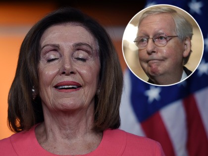 (INSET: Mitch McConnell) Speaker of the House Nancy Pelosi (D-CA) speaks at a press confer