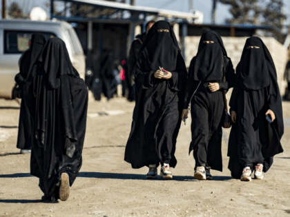 Women walk inside the Kurdish-run al-Hol camp for the displaced in the al-Hasakeh governorate in northeastern Syria on January 14, 2020, at the section reserved for Iraqis and Syrians. - Particularly difficult living conditions in the camp reportedly resulted in the death of more than 517 people, including 371 children …