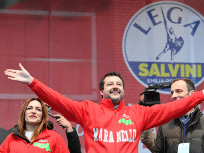 Leader of Italy's far-right League (Lega) party, Matteo Salvini (C) gestures on stage next to centre-right Senator and regional candidate Lucia Borgonzoni (L) during a campaign rally on January 18, 2020 in Maranello, a week ahead of Emilia-Romagna regional vote. - The Emilia-Romagna regional election of 2020 will take place …