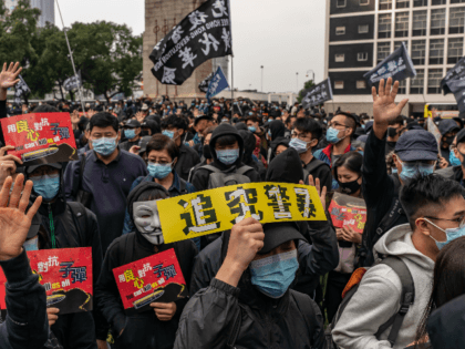Protesters take part in a Universal Siege On Communists' rally at The Cenotaph in Central district on January 19, 2020 in Hong Kong, China. Anti-government protesters in Hong Kong rally ahead of Lunar New Year to continue their demands for an independent inquiry into police brutality, the retraction of the …