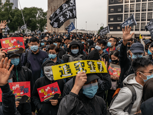 Protesters take part in a Universal Siege On Communists' rally at The Cenotaph in Central