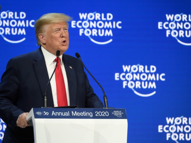 US President Donald Trump delivers a speech at the Congress center during the World Econom