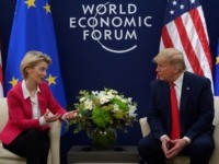 US President Donald Trump speaks with European Commission President Ursula von der Leyen prior to their meeting at the World Economic Forum in Davos, on January 21, 2020. (Photo by JIM WATSON / AFP) (Photo by JIM WATSON/AFP via Getty Images)