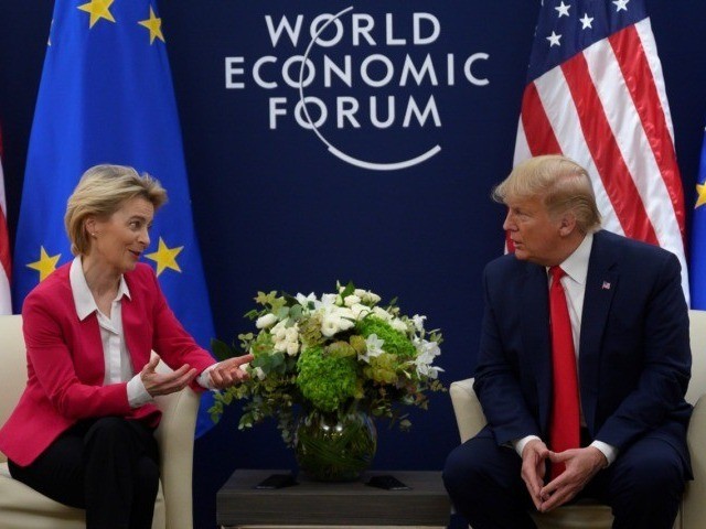 US President Donald Trump speaks with European Commission President Ursula von der Leyen p