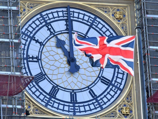 The clock face of Elizabeth Tower, known after the bell Big Ben, shows the hands at eleven