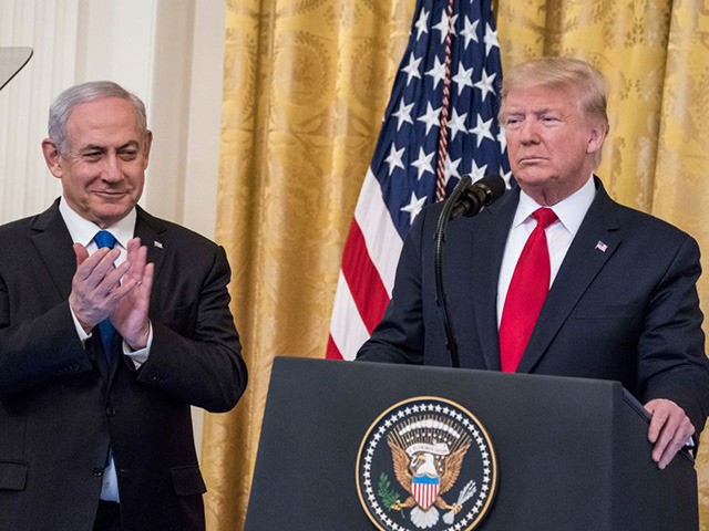WASHINGTON, DC - JANUARY 28: U.S. President Donald Trump and Israeli Prime Minister Benjamin Netanyahu participate in a joint statement in the East Room of the White House on January 28, 2020 in Washington, DC. The news conference was held to announce the Trump administration's plan to resolve the Israeli-Palestinian conflict. (Photo …