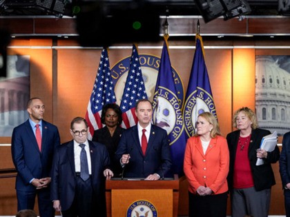 WASHINGTON, DC - JANUARY 28: (L-R) House impeachment managers Rep. Hakeem Jeffries (D-NY), Rep. Jerry Nadler (D-NY), Rep. Val Demmings (D-FL), Rep. Adam Schiff (D-CA), Rep. Sylvia Garcia (D-TX), Rep. Zoe Lofgren (D-CA) and Rep. Jason Crow (D-CO) hold a press conference after the Senate adjourned for the day during …