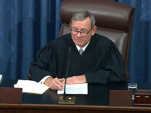 WASHINGTON, DC - JANUARY 30: In this screenshot taken from a Senate Television webcast, Supreme Court Chief Justice John Roberts speaks during impeachment proceedings in the Senate chamber at the U.S. Capitol on January 30, 2020 in Washington, DC. On Thursday, Senators continue asking questions for the House impeachment managers …