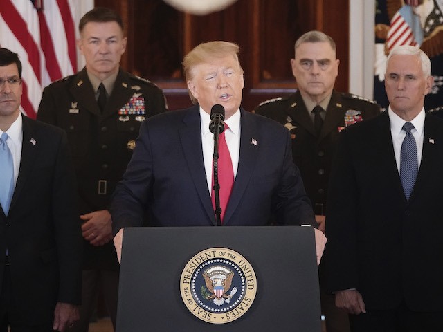 WASHINGTON, DC - JANUARY 08: U.S. President Donald Trump speaks from the White House on January 08, 2020 in Washington, DC. During his remarks, Trump addressed the Iranian missile attacks that took place last night in Iraq and said, ‚ÄúAs long as I am president of the United States, Iran …
