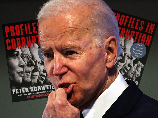 (INSET: Cover of the book 'Profiles in Corruption' by Peter Schweizer) WEST DES MOINES, IOWA - JANUARY 18: Democratic presidential candidate, former U.S. Vice President Joe Biden speaks at the Iowa State Educators Association (ISEA) forum at the Sheraton West Des Moines Hotel on January 18, 2020 in West Des …
