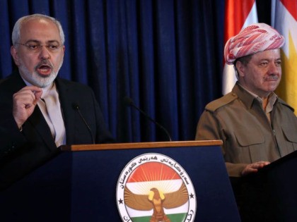 Iranian Foreign Minister Mohammad Javad Zarif (L) and Iraqi Kurdish leader Massud Barzani give a joint press conference following their meeting in Arbil, the capital of the Kurdish autonomous region of northern Iraq on August 26, 2014 . Zarif is on a two-day visit to Iraq, as it fights a …