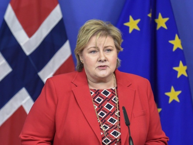 Norwegian Prime Minister Erna Solberg talks during a joint press conference with European