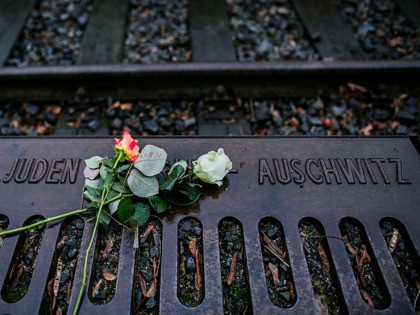 BERLIN, GERMANY - JANUARY 27: Roses left by mourners lie next to one of the many plaques detailing transports of Berlin Jews to concentration camps at the Gleis 17 (Track 17) on January 27, 2015 in Berlin, Germany. Thousands of people will come together today to remember and honour the …