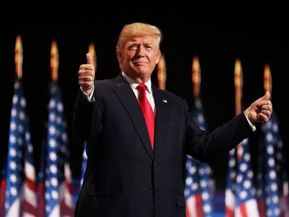CLEVELAND, OH - JULY 21: Republican presidential candidate Donald Trump gives two thumbs up to the crowd during the evening session on the fourth day of the Republican National Convention on July 21, 2016 at the Quicken Loans Arena in Cleveland, Ohio. Republican presidential candidate Donald Trump received the number …