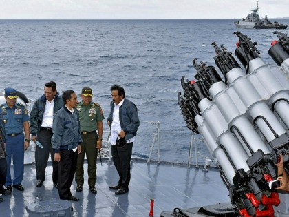 FIEL - In this June 23, 2016 file photo released by the Indonesian Presidential Office, Indonesian President Joko Widodo, third right, accompanied by, from left to right, Cabinet Secretary Pramono Anung, Navy Chief of Staff, Adm. Ade Supandi, top Security Minister Luhut Panjaitan, Armed Forces Chief Gen. Gatot Nurmantyo and …