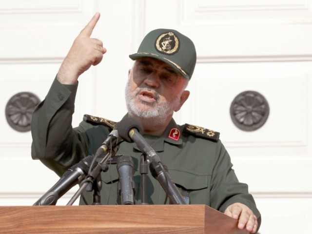 Chief of Iran's Revolutionary Guard Gen. Hossein Salami speaks in a ceremony to unveil new