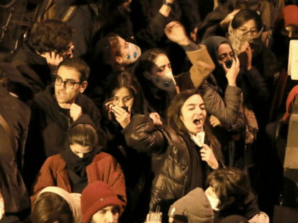 Iranians students chant slogans as they demonstrate following a tribute for the victims of Ukraine International Airlines Boeing 737 in front of the Amirkabir University in the capital Tehran, on January 11, 2020. - Iranian police dispersed students chanting "radical" slogans during a gathering in Tehran to honour the 176 …
