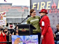 Jane Fonda and Annie Leonard, the head of Greenpeace, speak at a climate change rally in Washington, DC, on Friday. (Penny Starr/Breitbart News)