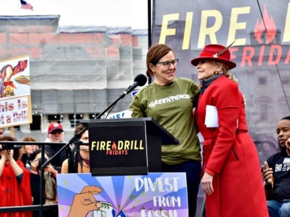 Jane Fonda and Annie Leonard, the head of Greenpeace, speak at a climate change rally in Washington, DC, on Friday. (Penny Starr/Breitbart News)