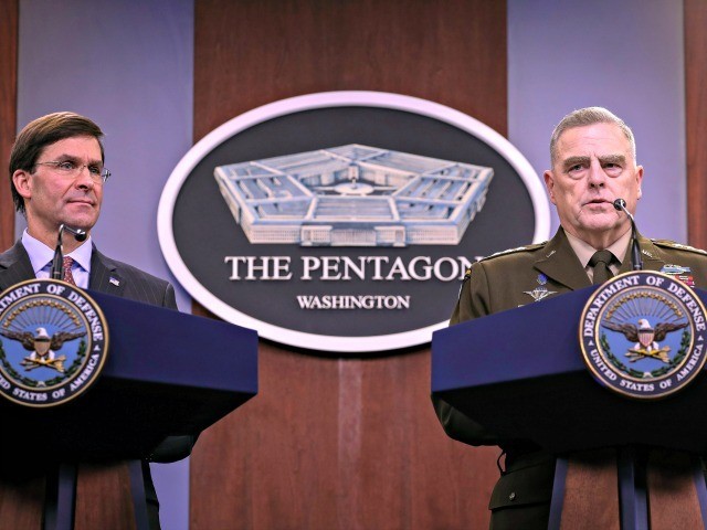 ARLINGTON, VA DECEMBER 20: (L-R) Secretary of Defense Mark Esper and Chairman of the Joint Chiefs of Staff Army Gen. Mark Milley hold an end of year press conference at the Pentagon on December 20, 2019 in Arlington, Virginia. Esper and Milley fielded questions on a wide range of topics, …