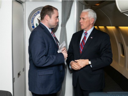 Breitbart News's Matthew Boyle conducts an exclusive interview with Vice President Mike Pence on Air Force Two (Official White House Photo by Andrea Hanks).