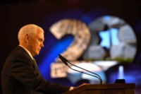 JERUSALEM, ISRAEL - JANUARY 23: U.S. Vice President Mike Pence speaks at the 5th World Holocaust Forum at Yad Vashem Holocaust memorial museum on January 23, 2020 in Jerusalem, Israel. Heads of State gathering in Jerusalem to mark 75 years since the liberation of Auschwitz will be the “largest diplomatic …