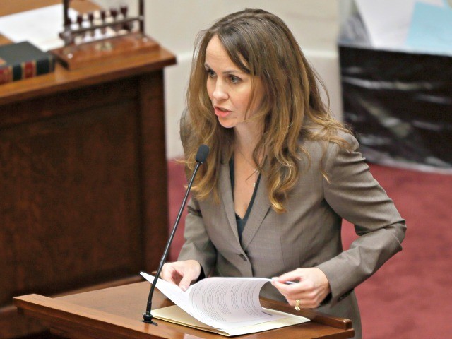 State Sen. Missy Irvin, R-Mountain View, explains a bill in the Senate chamber at the Arkansas state Capitol in Little Rock, Ark., Thursday, Feb. 12, 2015, that would ban using telemedicine to administer the abortion pill. (AP Photo/Danny Johnston)