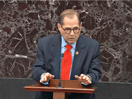 WASHINGTON, DC - JANUARY 29: In this screenshot taken from a Senate Television webcast, House impeachment manager Rep. Jerry Nadler (D-NY) answers a question from a senator during impeachment proceedings in the Senate chamber at the U.S. Capitol on January 29, 2020 in Washington, DC. Senators have 16 hours to …