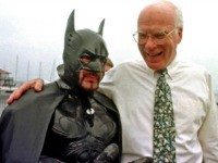 In this Aug. 6, 1998 file photo, U.S. Sen. Patrick Leahy, D-Vt., right, jokes with 'Batman', also known as Ryan LeBlanc , in Burlington, Vt. Leahy is renewing his fascination with the Caped Crusader by appearing in a scene in the next Batman movie, 'The Dark Knight Rises,' which will …