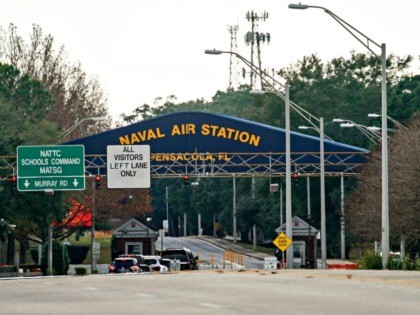 PENSACOLA, FLORIDA - DECEMBER 06: A general view of the atmosphere at the Pensacola Naval Air Station main gate following a shooting on December 06, 2019 in Pensacola, Florida. The second shooting on a U.S. Naval Base in a week has left three dead plus the suspect and seven people …