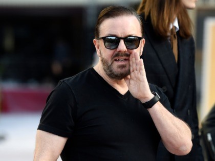 Ricky Gervais, host of this Sunday's 77th annual Golden Globe Awards, banters with members of the media during Preview Day for the Globes at the Beverly Hilton, Friday, Jan. 3, 2020, in Beverly Hills, Calif. (AP Photo/Chris Pizzello)