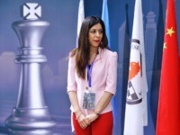 Shohreh Bayat, chief arbiter for the match between Aleksandra Goryachkina of Russia and Ju Wenjun of China, looks on before the match during the 2020 International Chess Federation (FIDE) Women's World Chess Championship in Shanghai on January 11, 2020. (Photo by STR / AFP) / China OUT / TO GO …