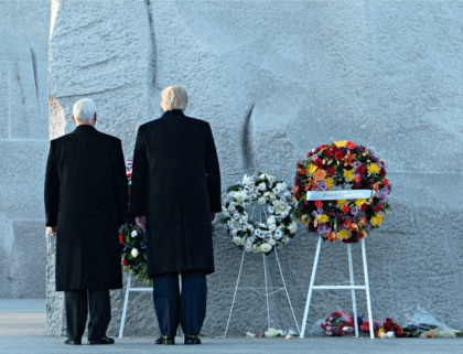 US President Donald Trump and US Vice President Mike Pence look on at the Martin Luther King Jr. memorial on MLK day in Washington, DC on January 20, 2020. (Photo by NICHOLAS KAMM / AFP) (Photo by NICHOLAS KAMM/AFP via Getty Images)