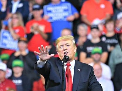 US President Donald Trump speaks during a rally at the Mid-America Center in Council Bluffs, Iowa on October 9, 2018. (Photo by MANDEL NGAN / AFP) (Photo by MANDEL NGAN/AFP via Getty Images)
