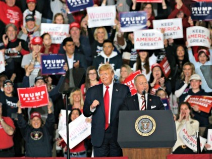 President Donald Trump listens as Rep. Jeff Van Drew, R-N.J., speaks at a campaign rally Tuesday, Jan. 28, 2020, in Wildwood, N.J. (AP Photo/Mel Evans)