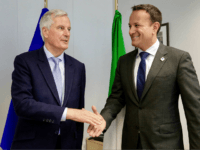 European Union chief Brexit negotiator Michel Barnier (L), shakes hands with Irish Prime Minister Leo Varadkar prior to a meeting on the sidelines of an European Council Summit at The Europa Building in Brussels, on June 20, 2019. (Photo by Olivier Matthys / POOL / AFP) (Photo credit should read …
