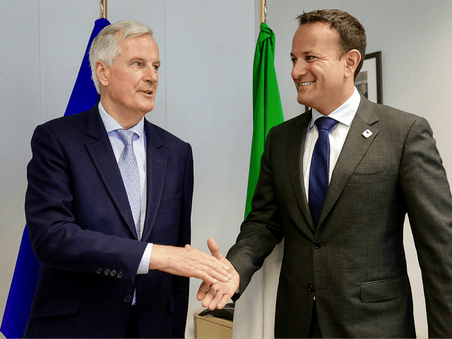 European Union chief Brexit negotiator Michel Barnier (L), shakes hands with Irish Prime M