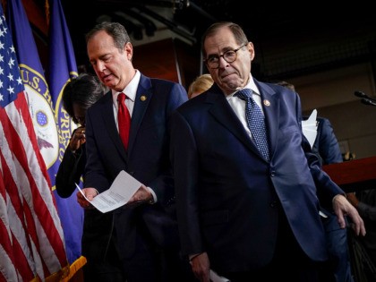 WASHINGTON, DC - JANUARY 28: (L-R) House impeachment managers Rep. Adam Schiff (D-CA) and Rep. Jerry Nadler (D-NY) depart a press conference after the Senate adjourned for the day during the Senate impeachment trial at the U.S. Capitol on January 28, 2020 in Washington, DC. President Donald Trump's legal defense …