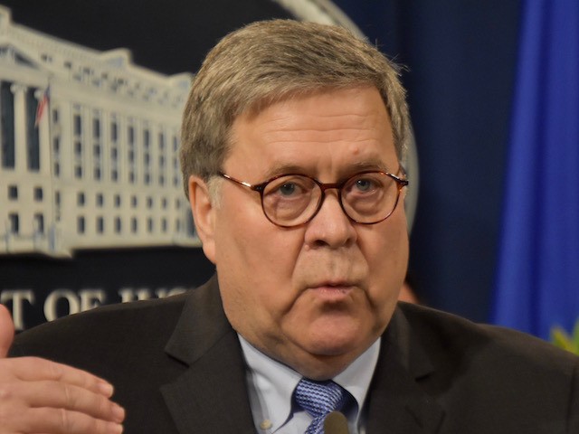 Attorney General William Barr spoke to reporters at the Department of Justice headquarters in Washington, DC, on January 13, 2020. (Penny Starr/Breitbart News)
