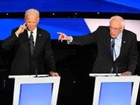 Democratic presidential hopefuls former Vice President Joe Biden and Vermont Senator Bernie Sanders particiapate of the seventh Democratic primary debate of the 2020 presidential campaign season co-hosted by CNN and the Des Moines Register at the Drake University campus in Des Moines, Iowa on January 14, 2020. (Photo by Robyn …