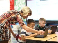 Amy Grady, who is running as an independent for a seat in the West Virginia state Senate, teaches in her classroom at Leon Elementary October 18, 2018 in Leon, West Virginia. - Teachers like Amy Grady successfully went on strike this year across West Virginia demanding better health care and …